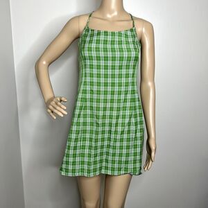 Lulus Plaid To Be Here Green Lace Up Backless Mini Dress